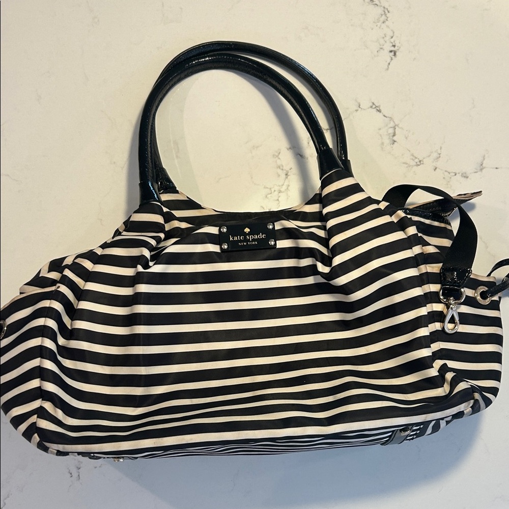Kate Spade Stevie Black and White Striped Diaper Shoulder Bag